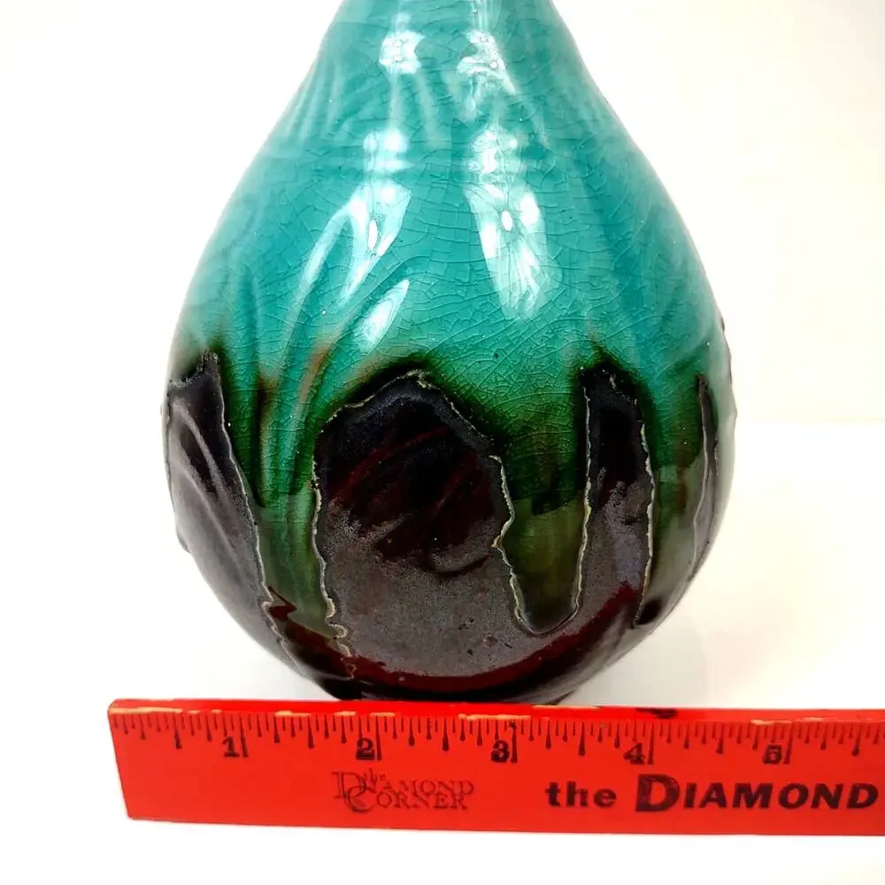 Vintage Art Pottery Drip Glaze Vase w Dragonfly’s Brown Turquoise 71/4” MCM